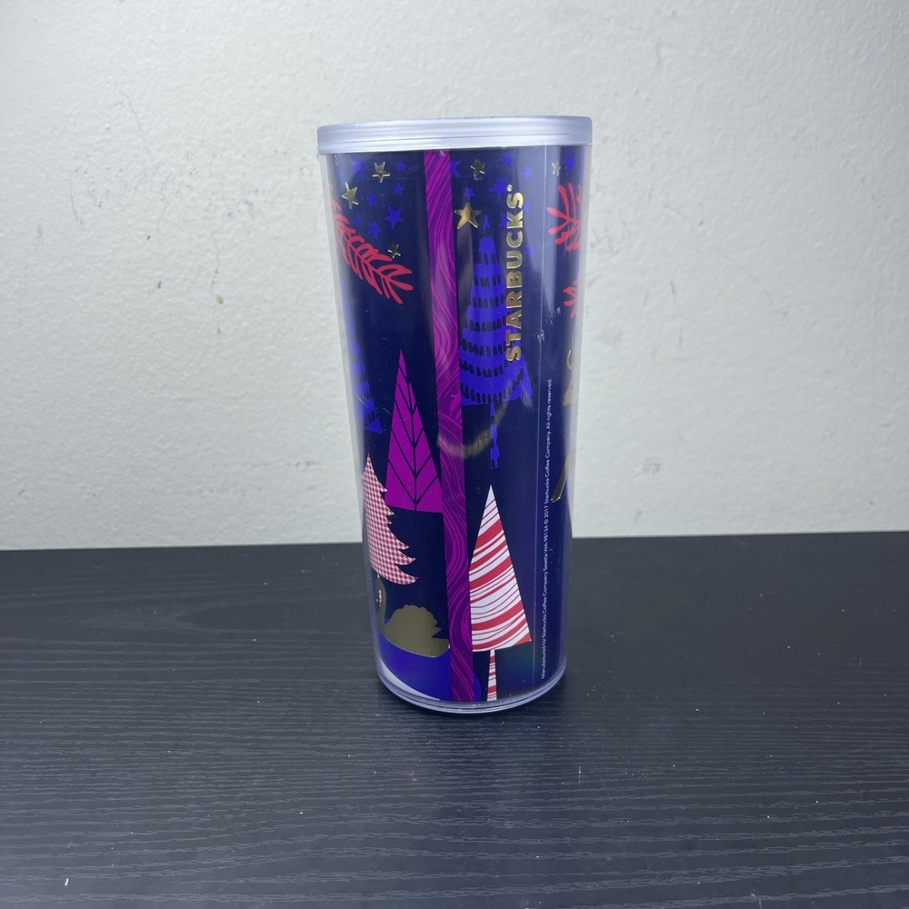 Starbucks 2017 Holiday Travel Mug 16 oz Christmas Trees Deer Coffee Tumbler
